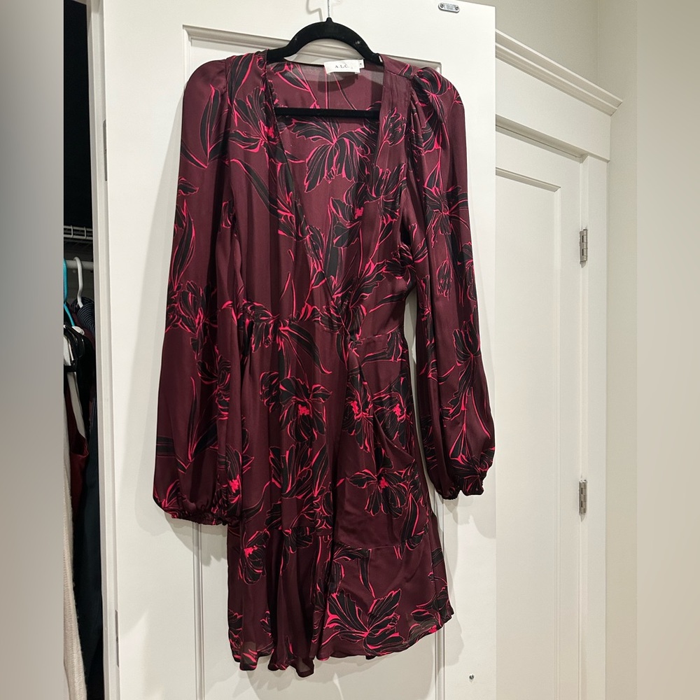 A.L.C. Silk wrap dress maroon floral